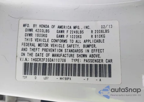 2013 Honda Accord Lx из США, поврежденный, VIN 1HGCR2F35DA110706